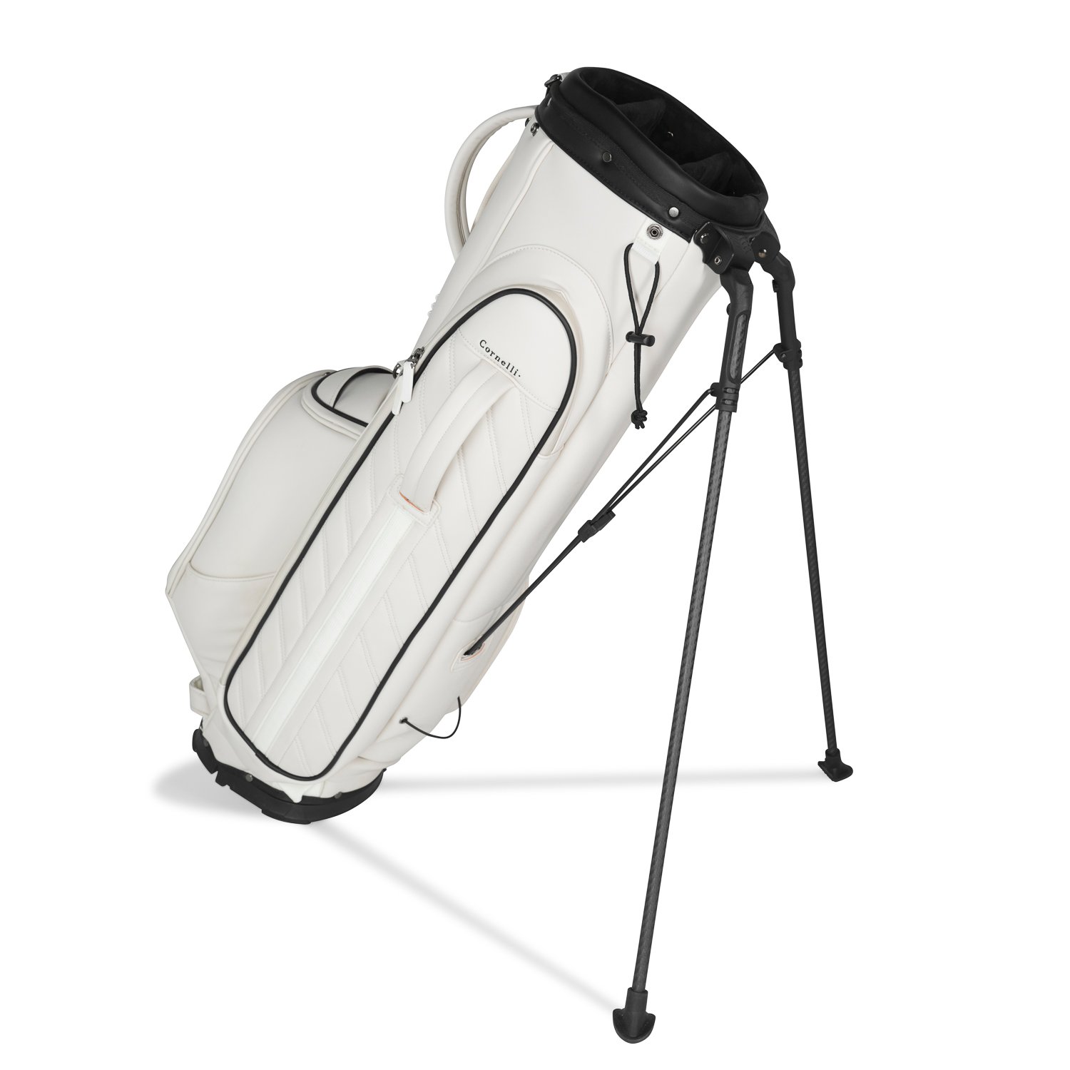 Cornelli off-white luxury minimalistic white golf bag with minimal branding and carbon fiber legs