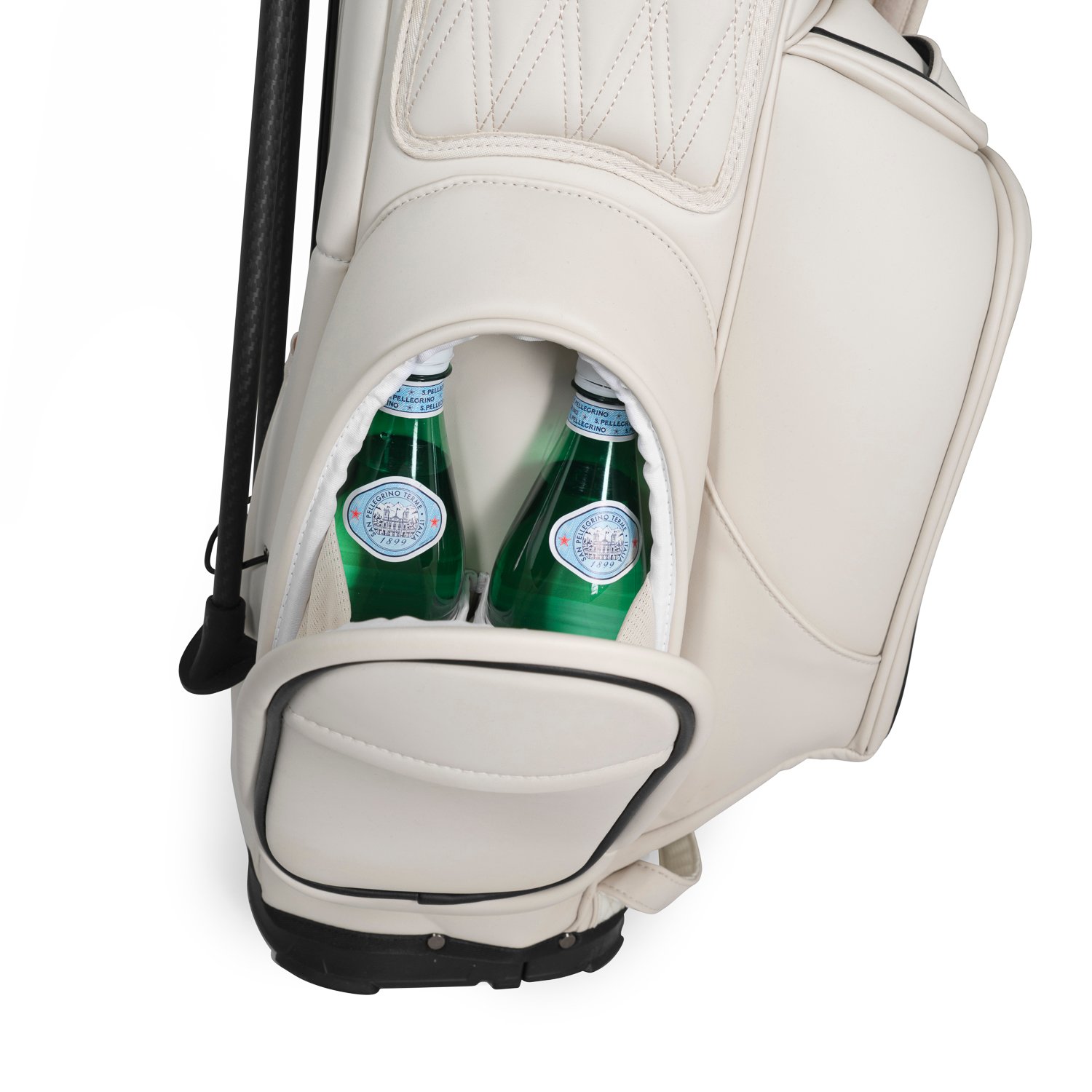 Cornelli off-white leather golf bag with magnetic side pocket with insulated beverage drinks pocket